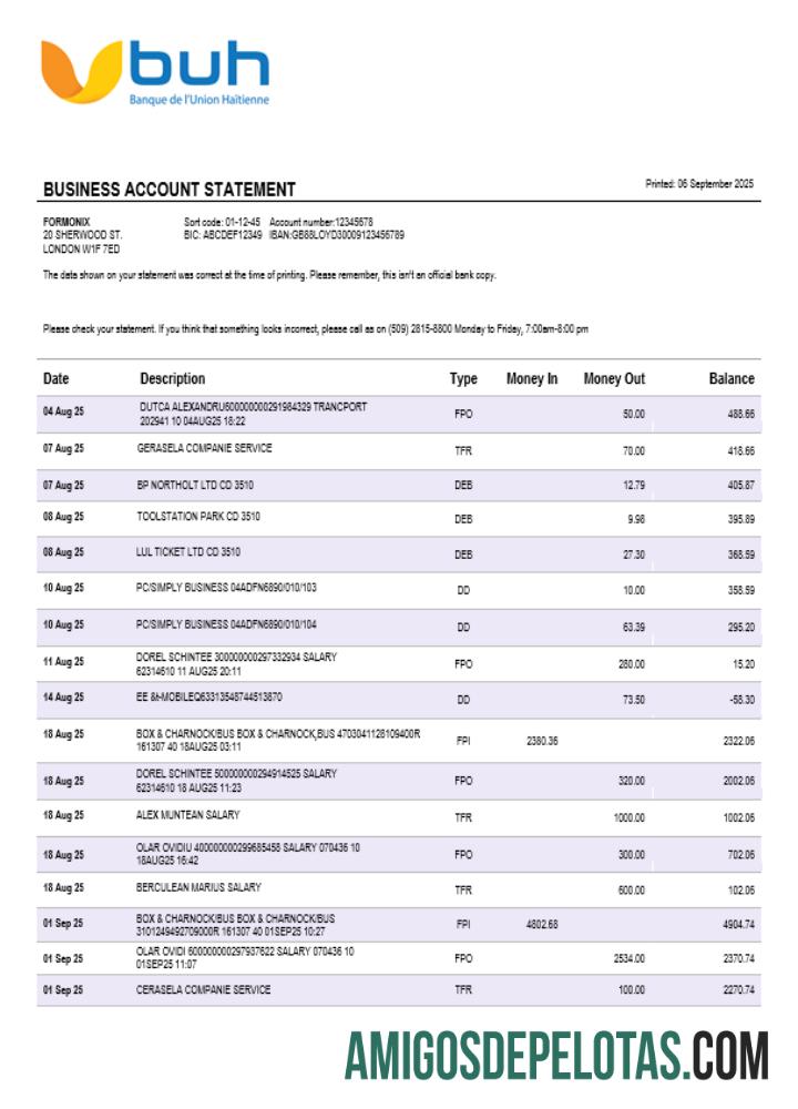 Declaração de empresa comercial do Haiti BUH em formato Word e PDF amostra